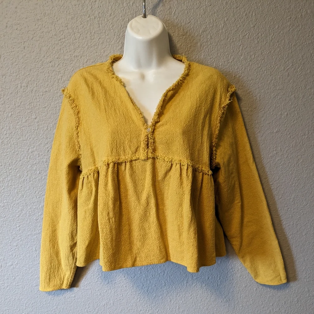Zara Boho Crop Top Yellow Mustard Babydoll Long Sleeve Sz. L